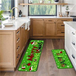 Christmas Kitchen Rugs Set of 2 Indoor Non Skid Washable Kitchen Mats for Floor